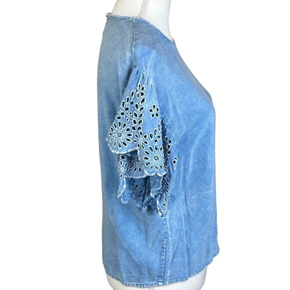 Style Envy Top Women Size XL Blue Dye Wash Rayon Eyelets Flatter Sleeves Blouse - Picture 6 of 12